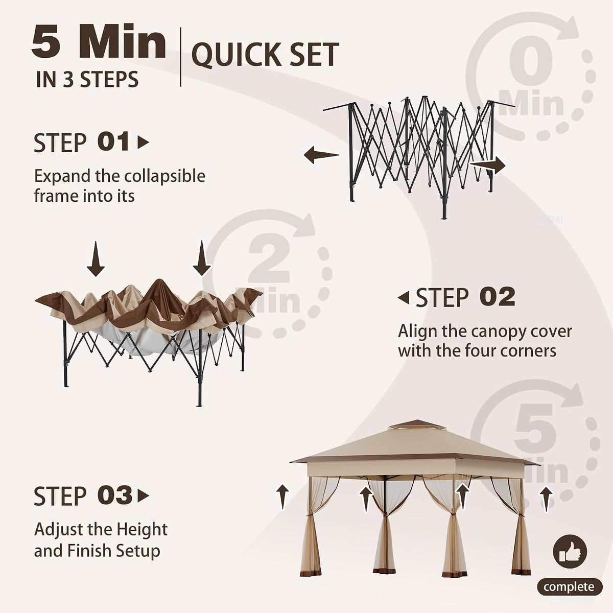Bezseller 11x11 Pop Up Gazebo with Mosquito Netting – Easy 1-Person Setup, Water-Resistant Backyard Canopy for Family Patio & Garden Use,Khaki