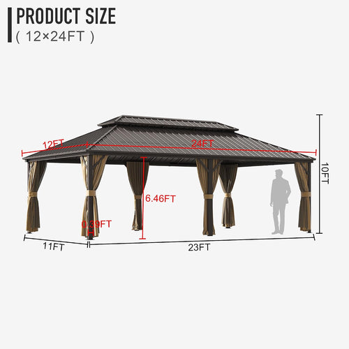 12×24 ft Outdoor Gazebo with Double-Layered Galvanized Steel roof, Hard-top Canopy Featuring Curtains and mesh Panels, Suitable for patios, Gardens, Decks, lawns, and backyards.