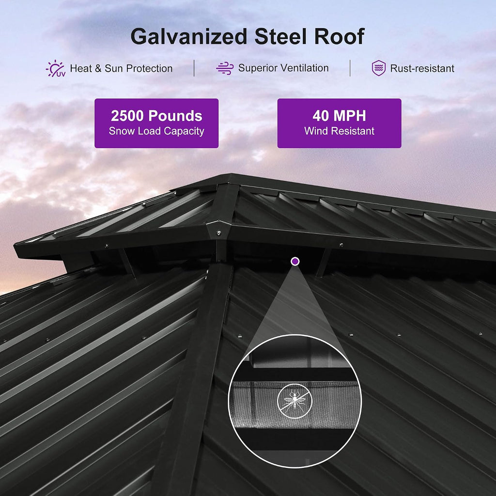 PURPLE LEAF 10' X 16' Outdoor Hardtop Gazebo for Patio Galvanized Steel Double Roof Permanent Canopy Teak Finish Coated Aluminum Frame Pavilion Gazebo with Netting