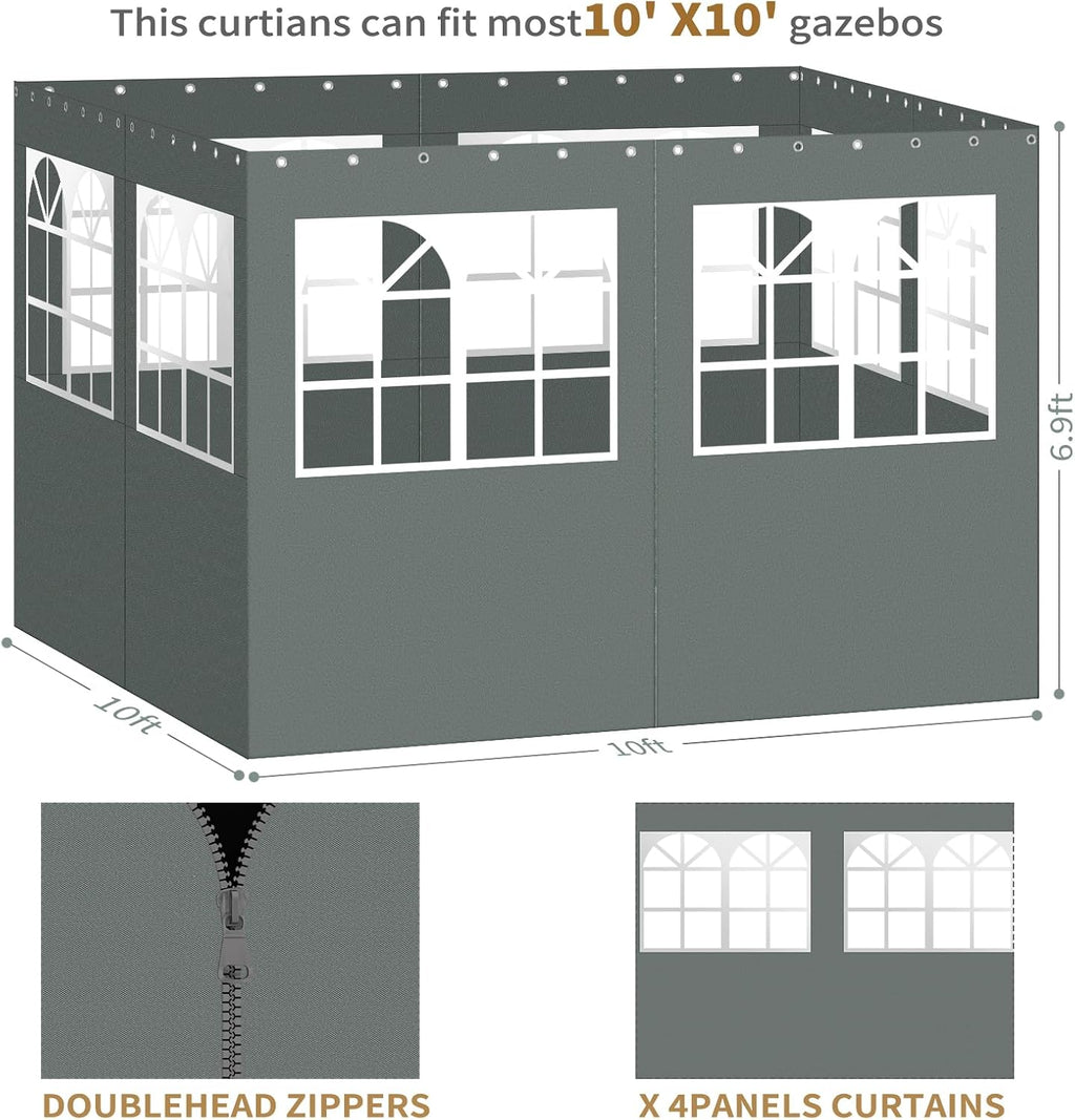 Gazebo Privacy Curtains 10' x 10' with PVC Windows, 4-Panels Side Wall with Zipper Universal Replacement for Patio, Outdoor Canopy, Garden and Backyard, Gray