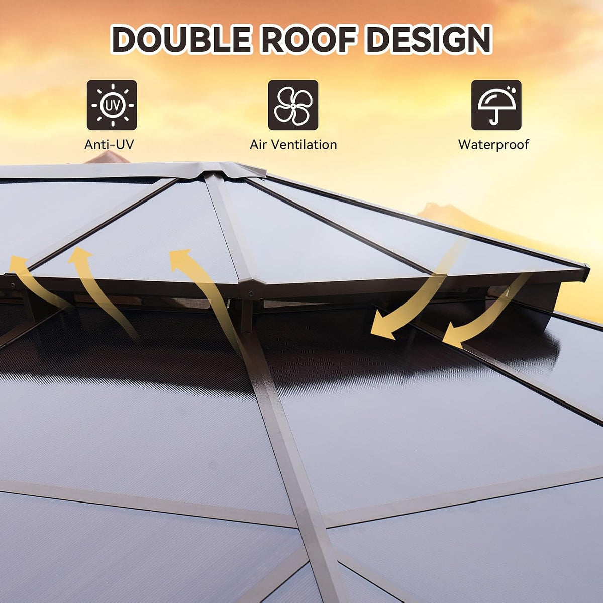 Aoxun 10'x14' Hardtop Gazebo, Outdoor Metal Gazebo with Double Polycarbonate Roof Canopy, Permanent Pavilion with Netting and Curtains for Lawn, Garden, Patio (Khaki)