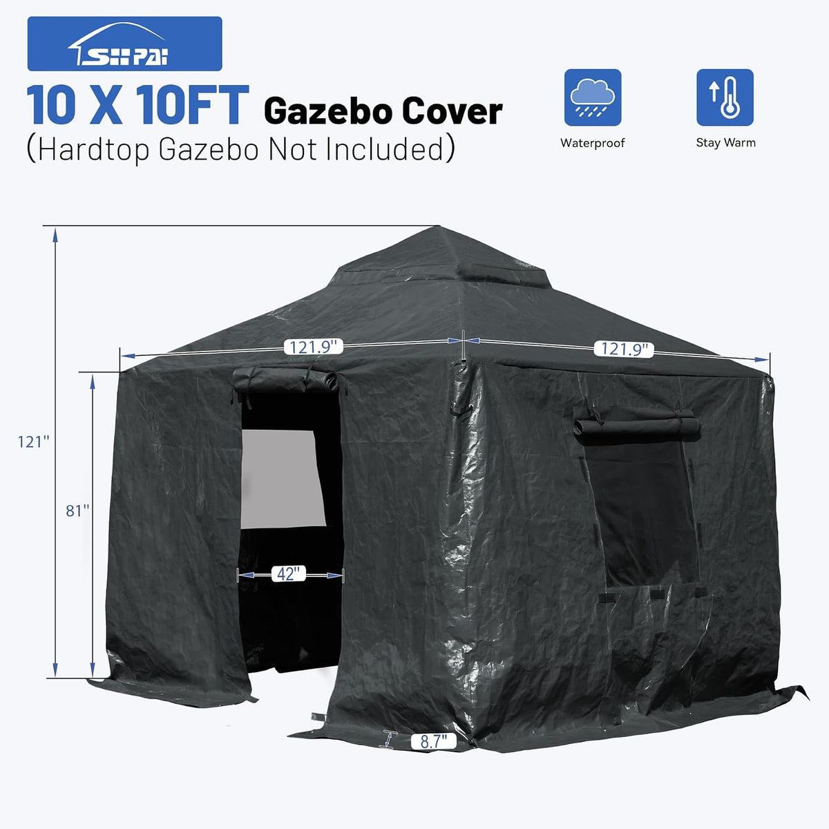 10 x 10 FT Outdoor Gazebo Cover for Hardtop Gazebos, Universal Winter Gazebos Cover with Sidewalls and Mesh Window, All-Season Used - Grey(Gazebo Not Included)
