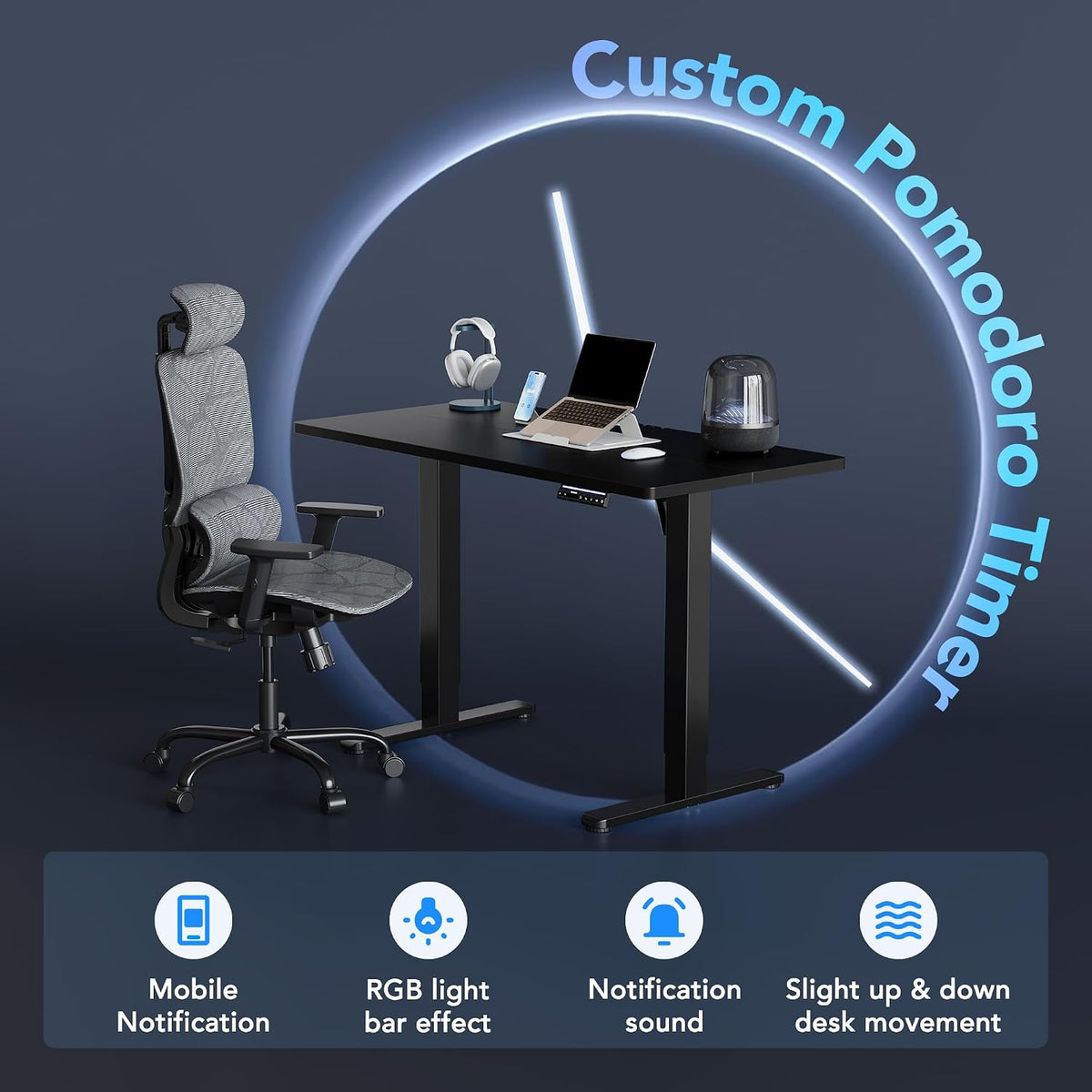 HUANUO 32' AI Smart Standing Desk with App-Synced Sedentary Reminders, Electric Height Adjustable Desk with Body-Data Ergonomic Presets, Voice Control Alexa/Google/Siri, 3 Memory Settings Table, Black