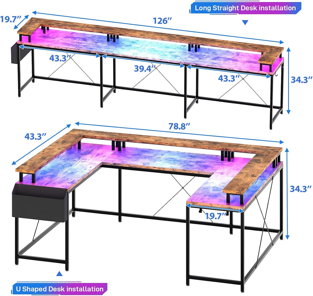 GAOMON U Shaped Desk, 126 Inch Gaming Desk with Monitor Stand and LED Lights, Reversible Shaped Large Computer Desk with Power Outlets, Office Desk with Storage Bag and Hooks, Vintage