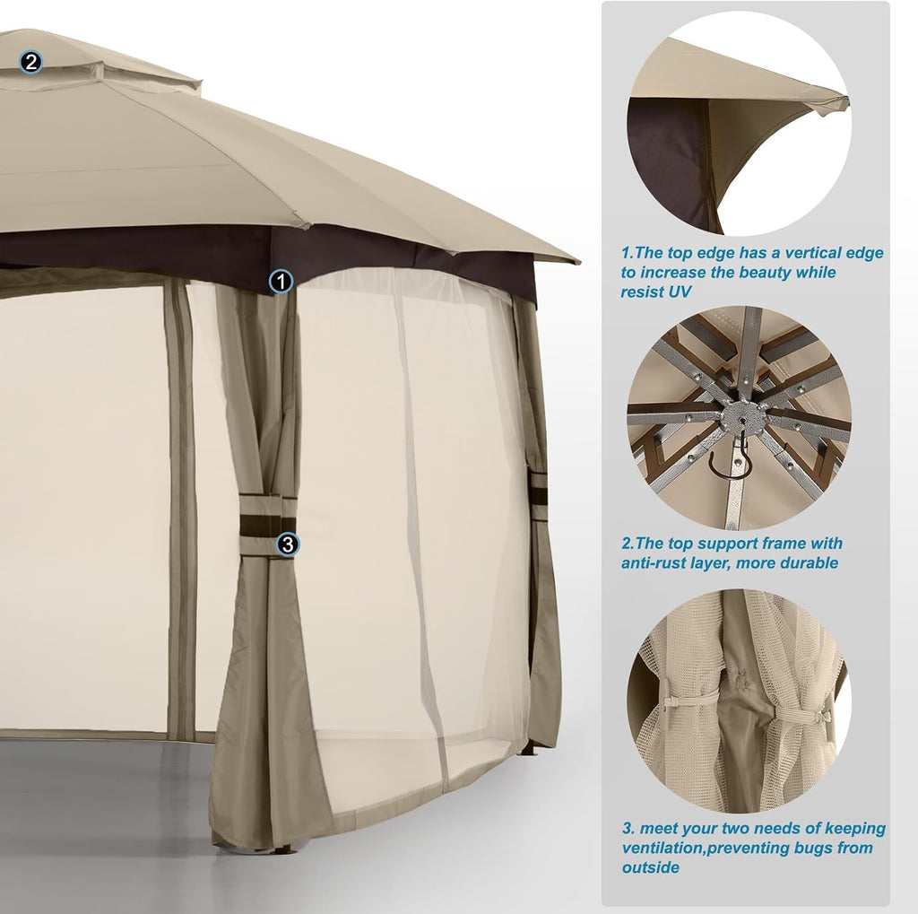 MASTERCANOPY Outdoor Patio Gazebo for Garden with Upgrade Steel Frame and Netting Walls (10x12,Khaki)