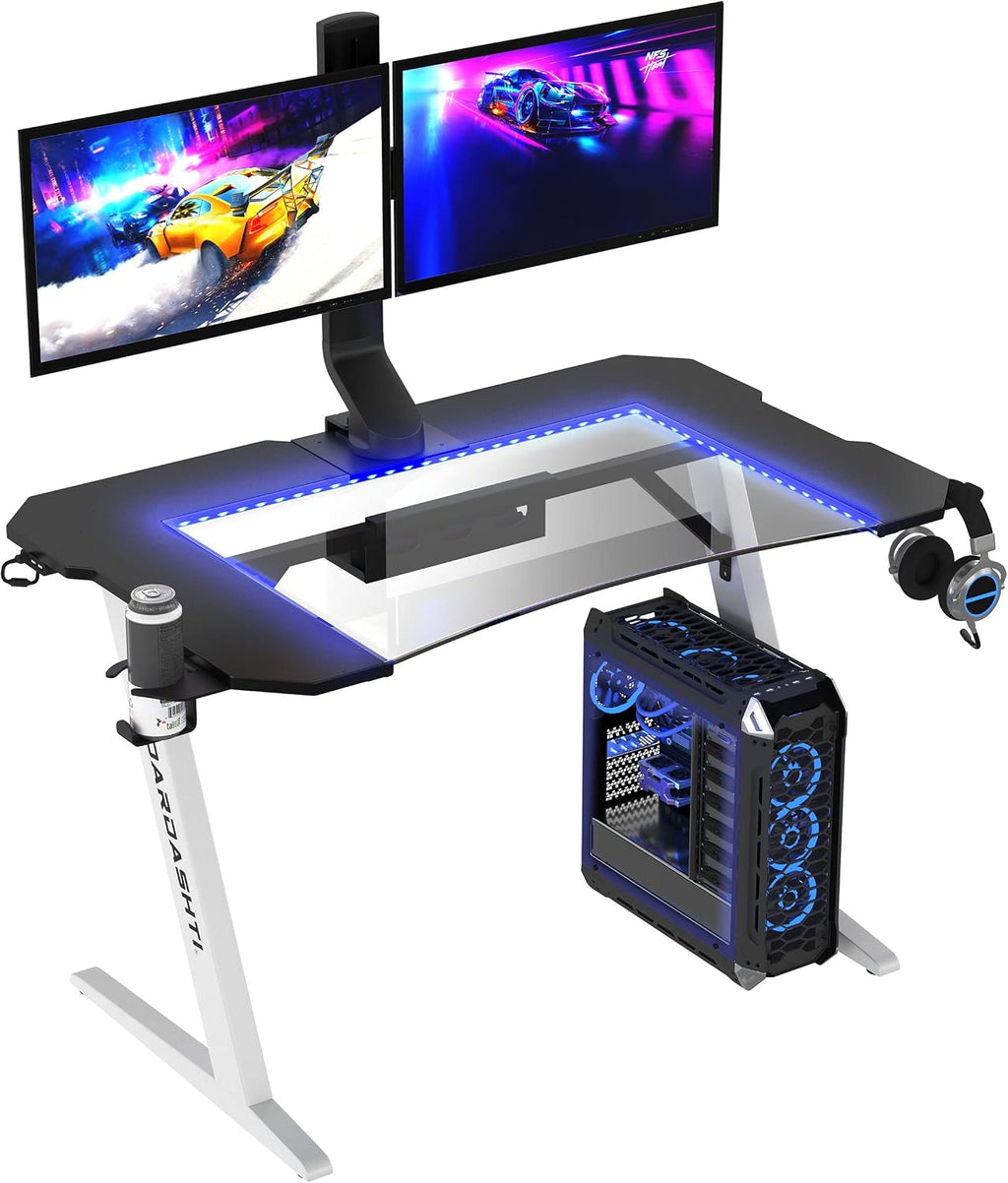 Dardashti Gaming Desk PC Computer Desk, Home Office Desk Gaming Table Z Shaped Gamer Workstation with Cup Holder and Headphone Hook, Z1-21, Arctic White
