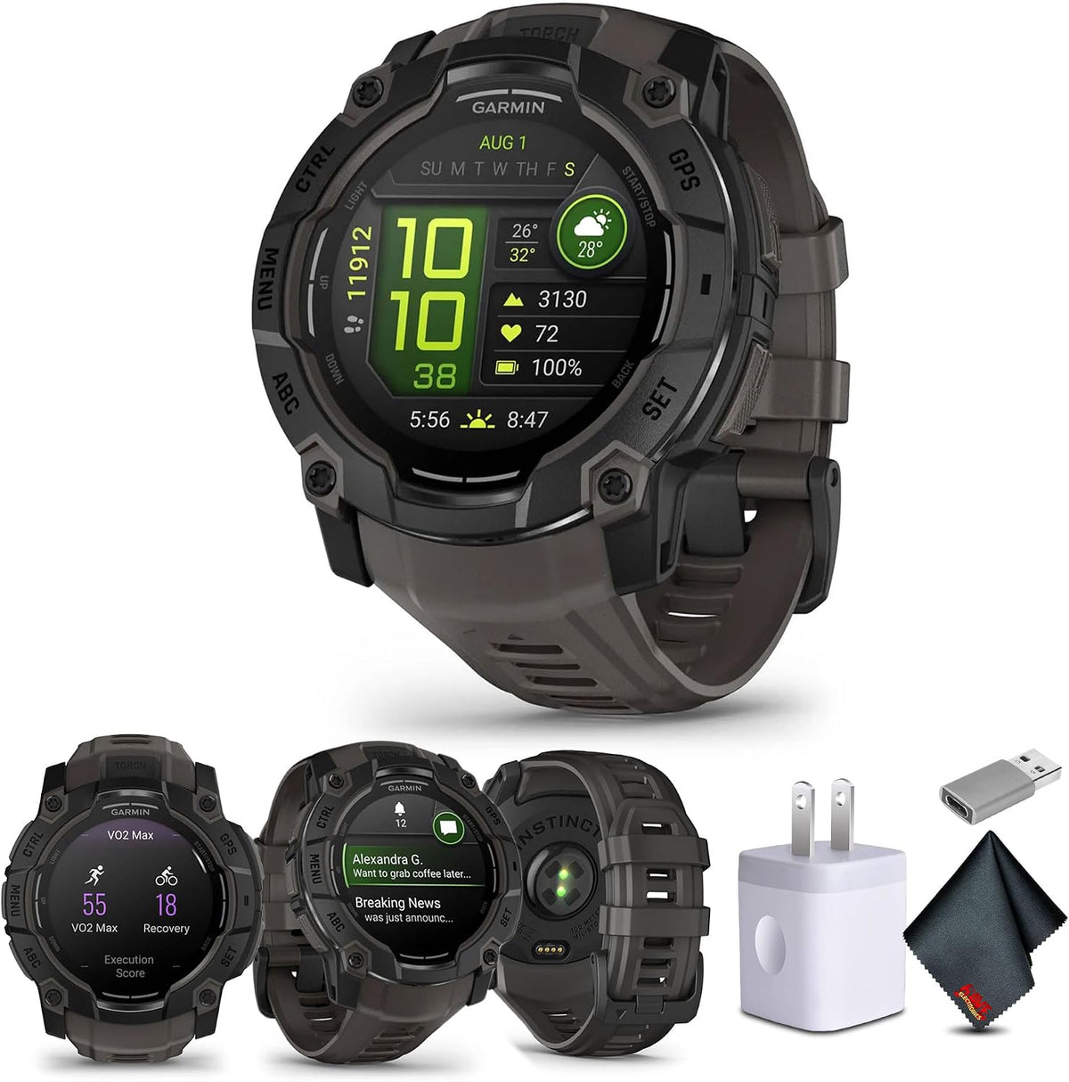 Garmin Instinct 3 50mm, AMOLED, Outdoor GPS Smartwatch, 24/7 Health Monitoring, 24 Days of Battery Life, Built-in Flashlight, Charcoal (010-03020-00) Fitness and Tactical Smart Watch Bundle for Men