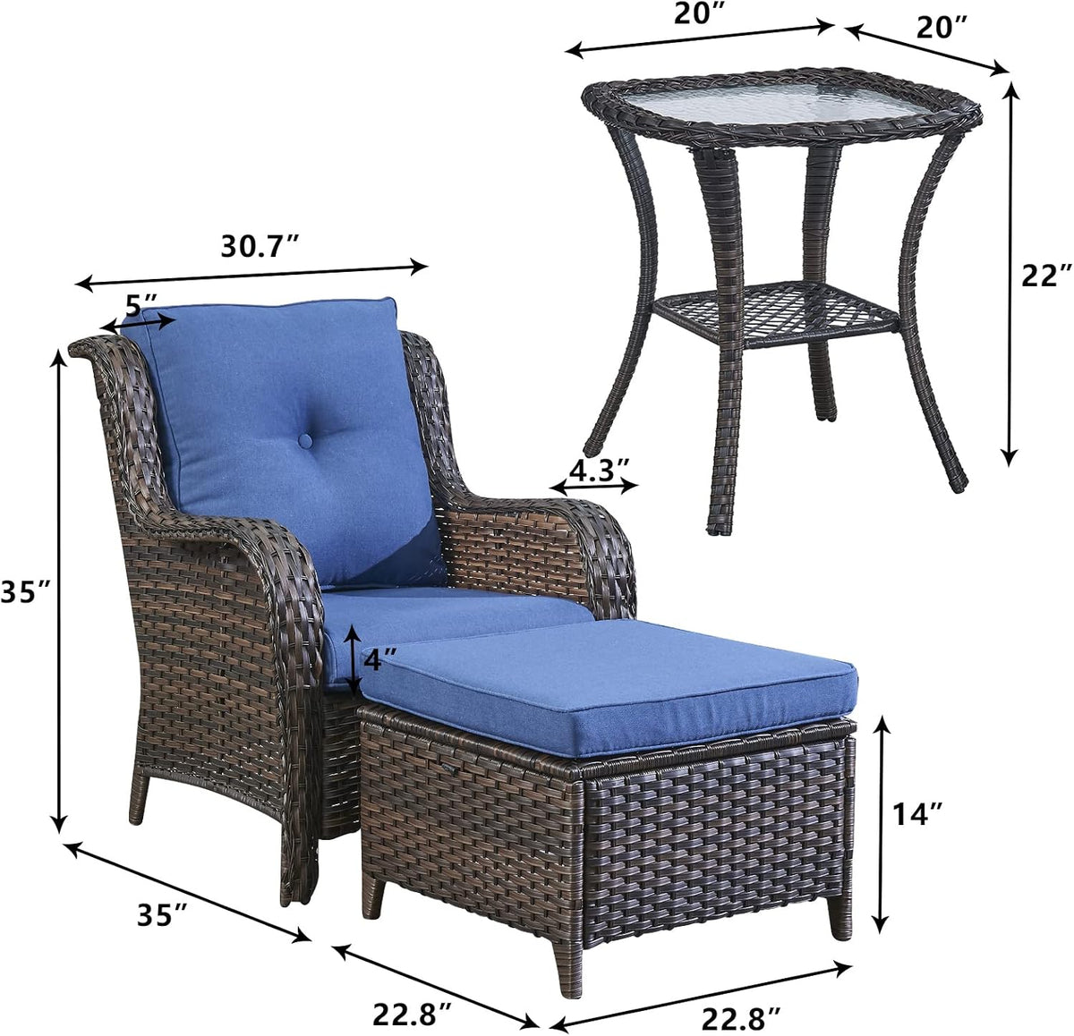 Rilyson Wicker Patio Furniture Set - 5 Piece Rattan Outdoor Sectional Conversation Sets with 2 Chairs,2 Ottomans and 1 Side Table for Porch Deck Garden(Brown/Blue)