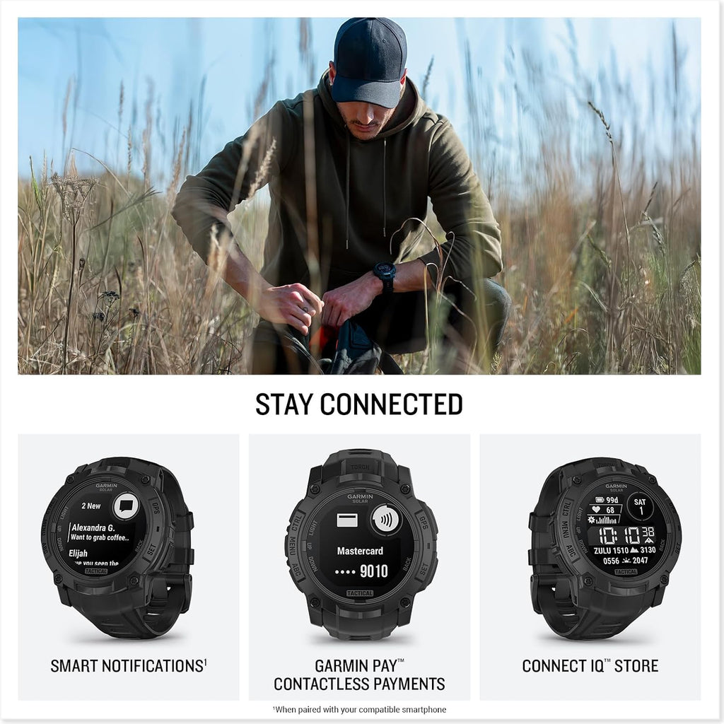 Garmin Instinct 3 Tactical Edition, Solar Charged 45mm Display, Outdoor Rugged GPS Smartwatch Bundle with USB Wall Charger + Microfiber Cleaning Cloth + More