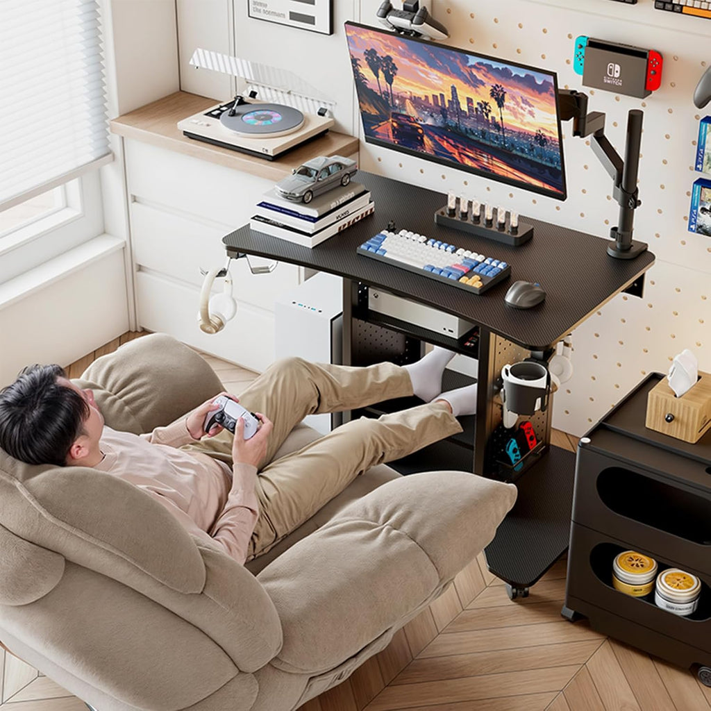 EUREKA ERGONOMIC Gaming Desk Computer, 37' Rolling Desk on Wheels for Small Space, Mobile Computer Cart with Pegboards Adjustable Shelves for Gaming PS Switch Home Office - Black