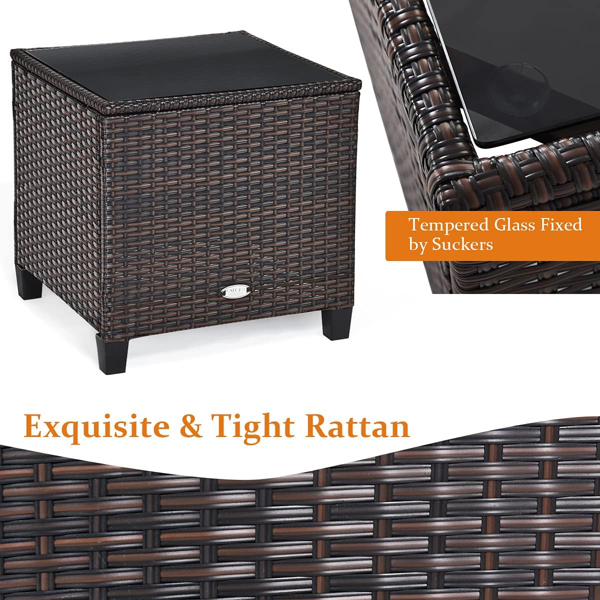 HAPPYGRILL 3 Pieces Patio Conversation Set, Outdoor Furniture Set PE Rattan Sofa Set with Removable Cushions, PE Wicker Chairs with Tempered Glass Side Table for Porch Lawn Garden Balcony Backyard
