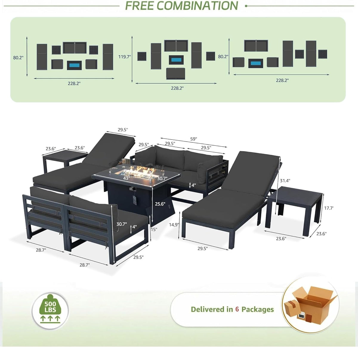 RADIATA 9 Piece Luxury Aluminum Outdoor Sectional Sofa with Chaise Lounge & Firepit, Large Modular Patio Furniture Set, 29' Deep Wide Seating, 500 lbs Heavy Duty Conversation Set for Deck, Dark Gray
