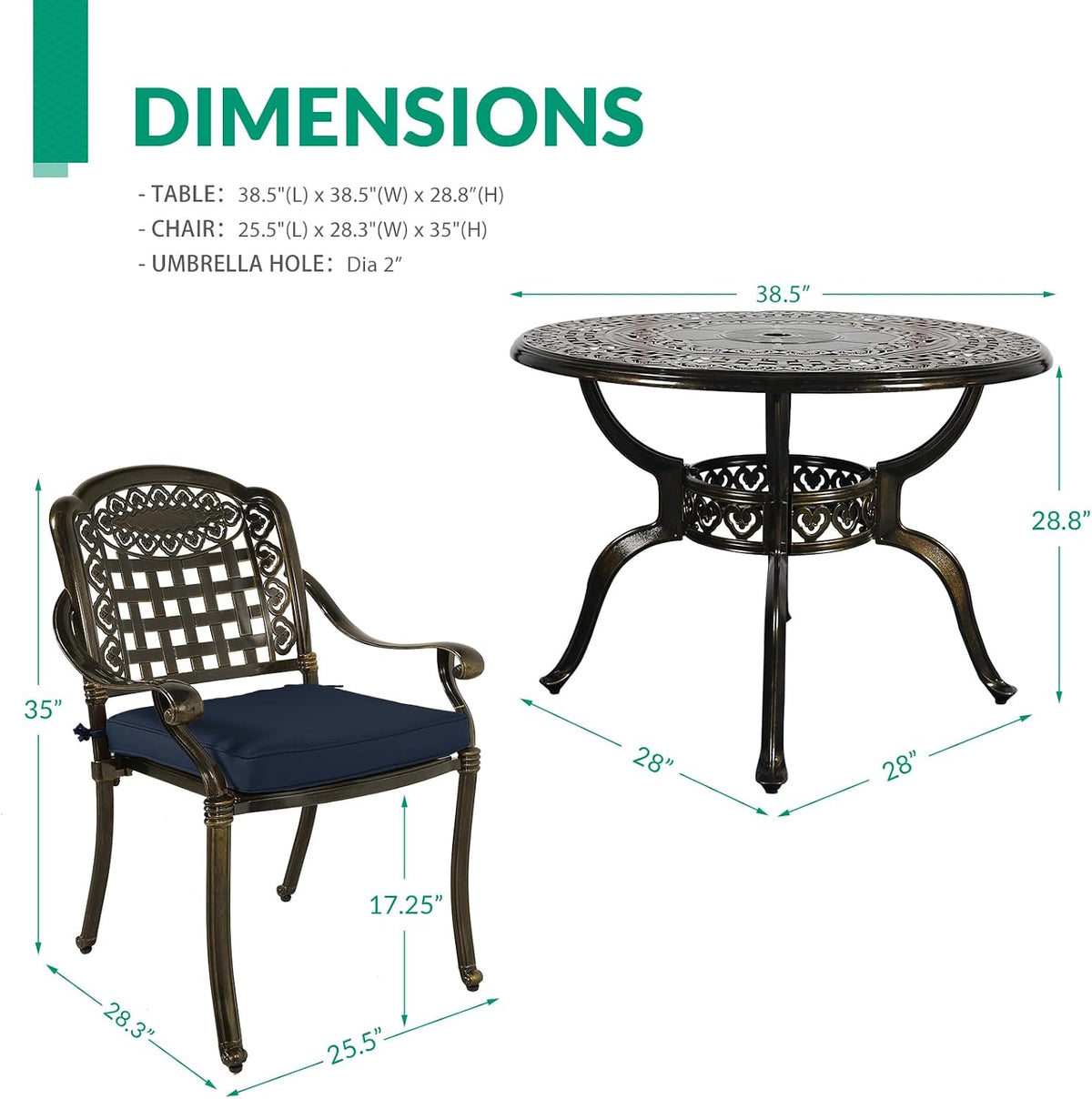 VIVIJASON 5-Piece Patio Furniture Dining Set, All-Weather Cast Aluminum Outdoor Conversation Set, Include 4 Cushioned Chairs and 1 Round Table w/Umbrella Hole for Balcony, Backyard, Navy Blue Cushion