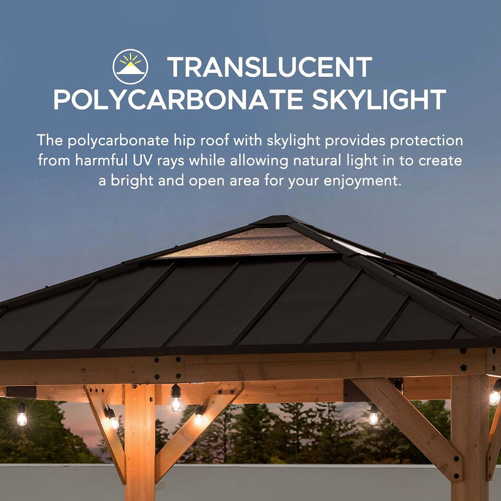 Sunjoy Hardtop Gazebo 9 x 9 ft. Cedar Framed Wood Gazebo with Brown Steel & Polycarbonate Pyramid Hip Roof and Ceiling Hook for Garden, Backyard Shade, Brown Roof + Natural Wood Frame