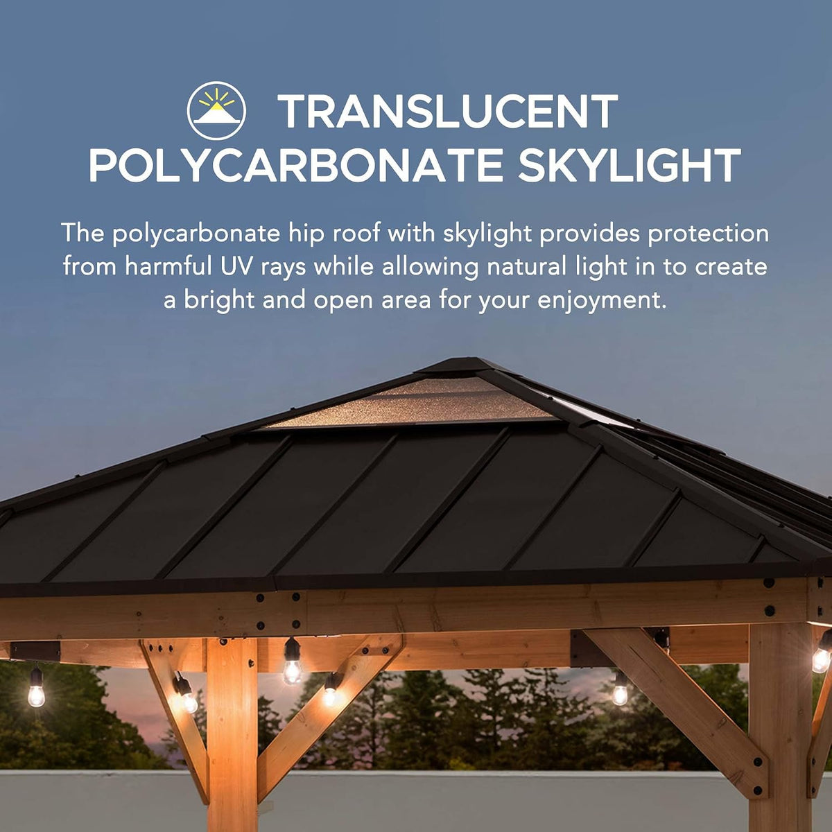 Sunjoy Hardtop Gazebo 9 x 9 ft. Cedar Framed Wood Gazebo with Brown Steel & Polycarbonate Pyramid Hip Roof and Ceiling Hook for Garden, Backyard Shade, Brown Roof + Natural Wood Frame