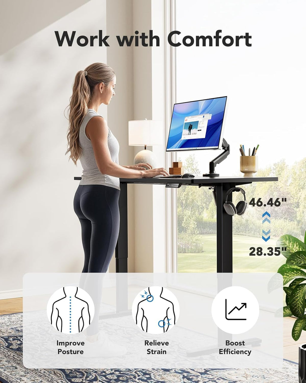 HUANUO Electric Standing Desk, Whole Piece Desktop, Adjustable Height Computer Desk, 4 Height Memory Settings, Sit Stand Up Desk for Home Office, 40' x 24', Black