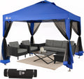 CROWN SHADES Gazebo 10x10 Pop Up Canopy with Mosquito Netting, Screen Tent with 4 Ropes, 8 Stakes, 4 Sandbags and Wheeled Storage Bag, Canopy for Patio & Backyard Parties,Camping&Events -(Blue)