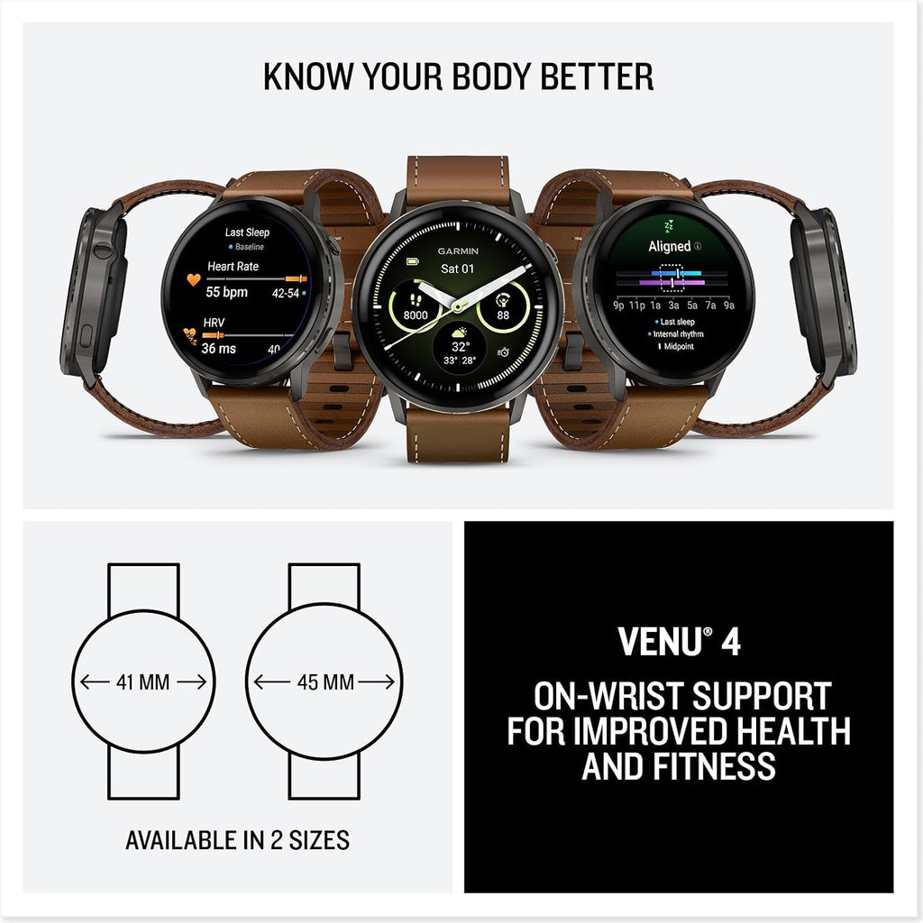 Garmin Venu 4 (45mm) Smartwatch – GPS, AMOLED, Sleep Coach, Body Battery, Slate w/Black Band and Brown Leather Band Bundle w/Deco Essentials Charging Dock, 3-Pack Dust Covers & 1.4' Screen Protector