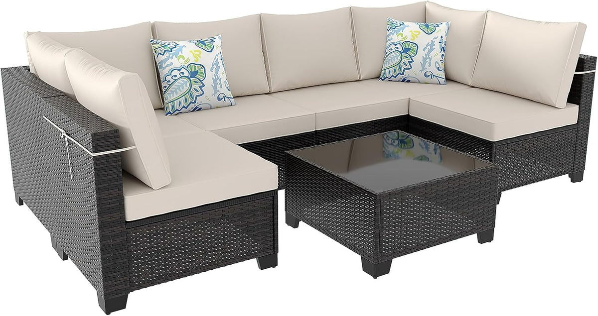 7 Pieces Patio Furniture Set, Outdoor Sectional Rattan Sofa Set, Wicker Patio Conversation Set with Cushions and Glass Coffee Table, for Balcony, Porch, Garden, (Brown/Beige)