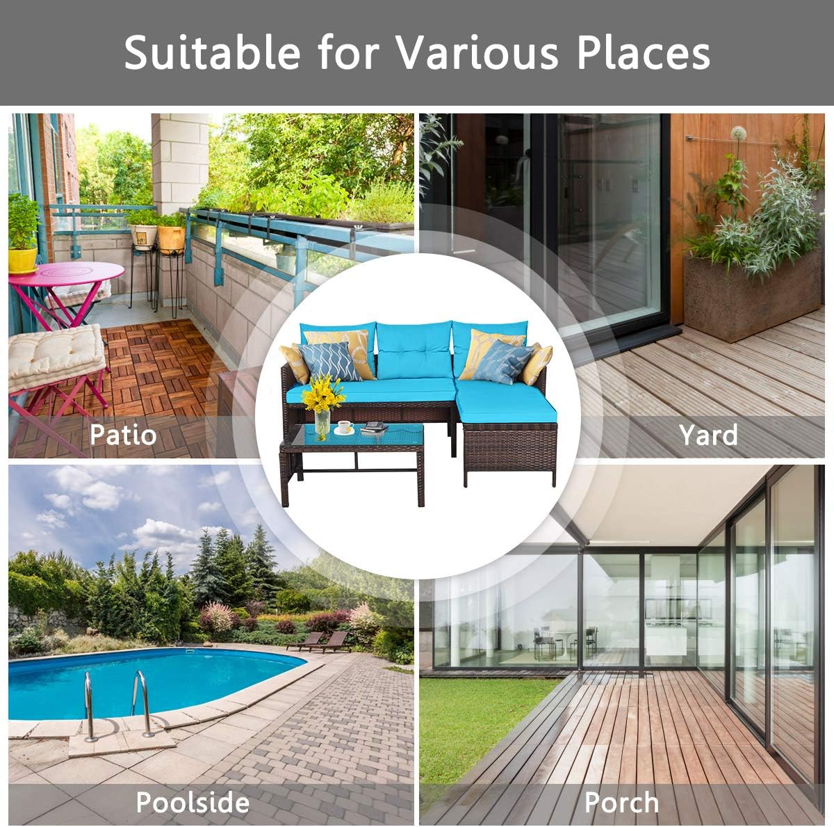 3 Pieces Rattan Sectional Sofa Set, Patio Wicker Rattan Conversation Set with Chaise Lounge, Love Seat & Coffee Table, Patio Furniture Set for Garden, Lawn, Poolside (Turquoise)