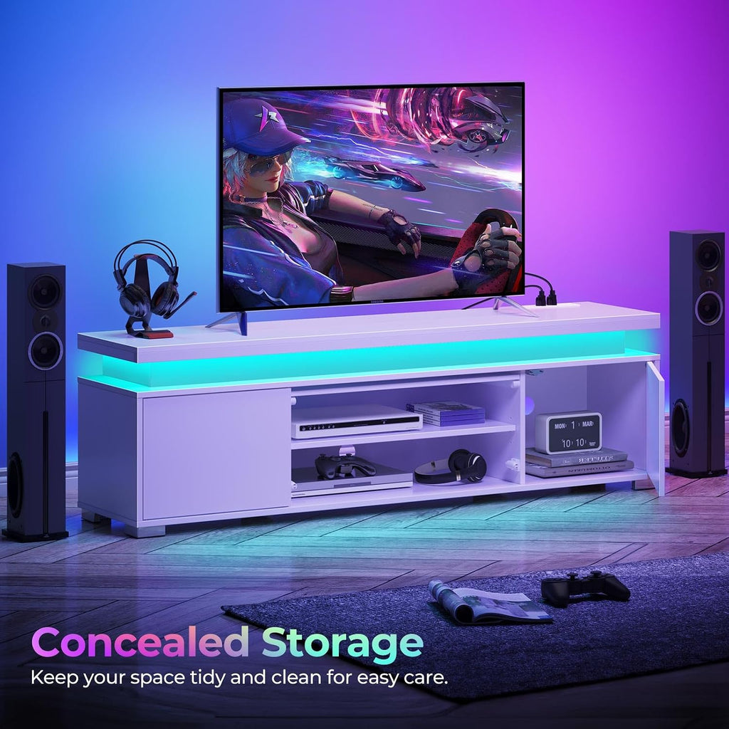 Rolanstar TV Stand with LED Lights & Power Outlet, Modern Entertainment Center for 32/43/50/55/65 Inchs TVs, Table, Universal Gaming Media Stand Storage Cabinet and Large Storage, White
