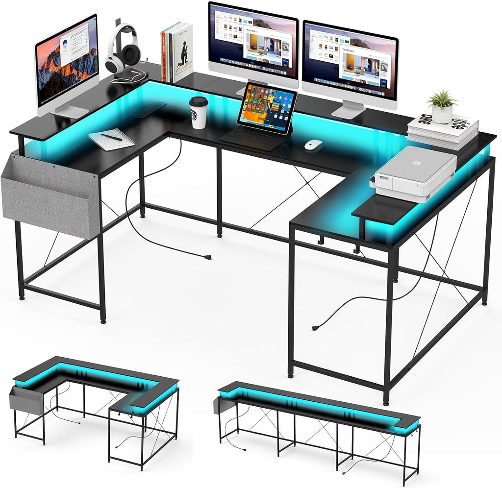 IDEALHOUSE U Shaped Home Office Desk, Reversible L Shaped Gaming Computer Desk with Power Outlets,126 Inch Computer Desk with Monitor Stand and LED Lights,Storage Shelves,Storage Bag and Hooks（Black）