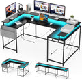 IDEALHOUSE U Shaped Home Office Desk, Reversible L Shaped Gaming Computer Desk with Power Outlets,126 Inch Computer Desk with Monitor Stand and LED Lights,Storage Shelves,Storage Bag and Hooks（Black）