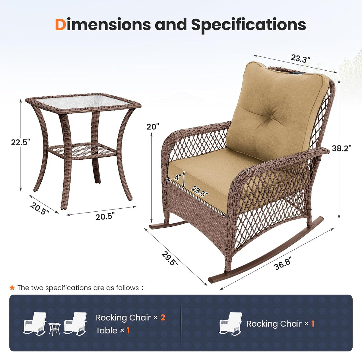 UDPATIO Rocking Chair Outdoor Set 2 with Coffee Table, 3 Piece Wicker Rocking Bistro Set with 4' Water-Resistant Cushions, Oversized, 350lbs Heavy-Duty, for Porch, Patio, Balcony, Brown/Khaki