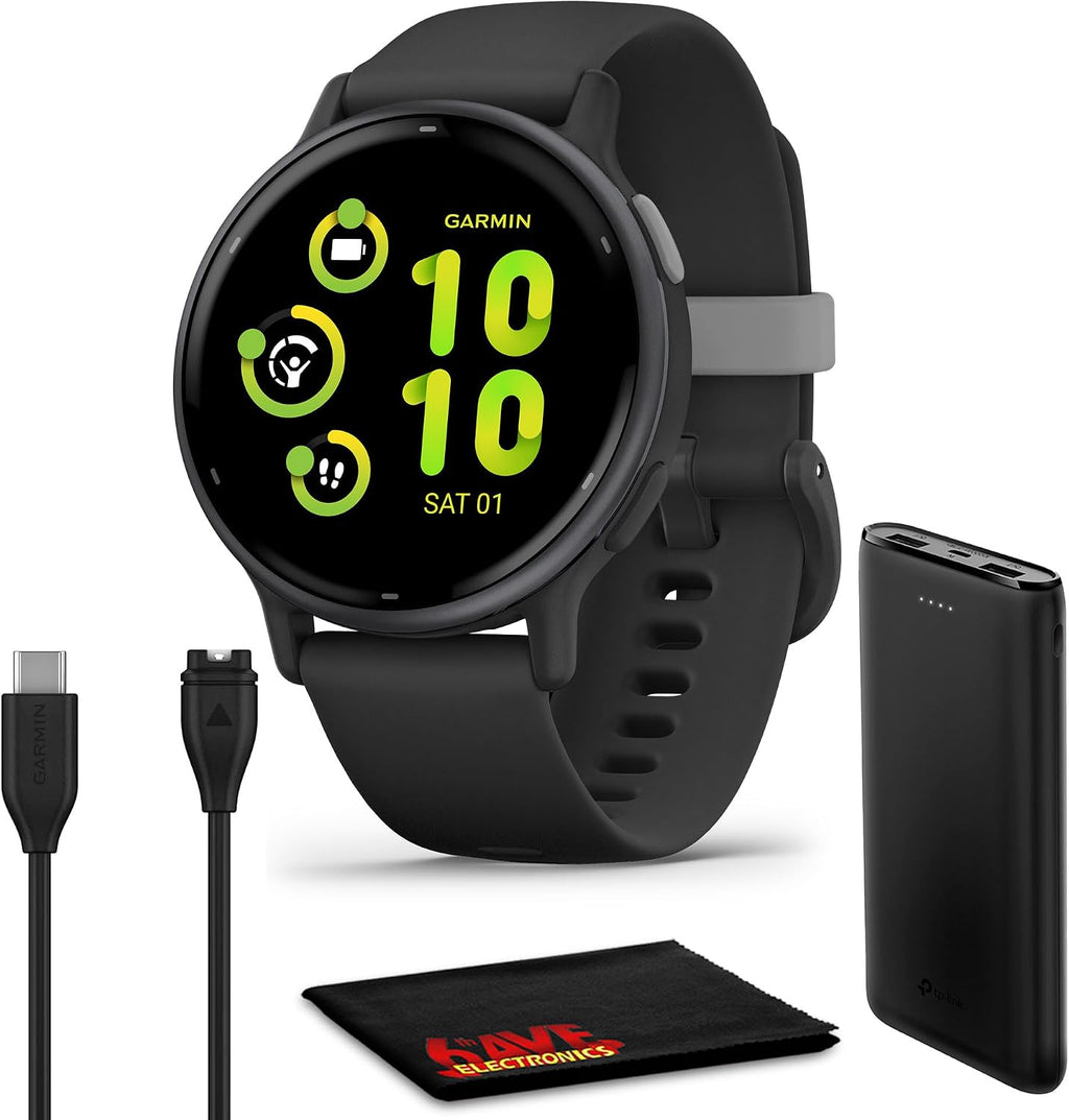 Garmin vivoactive 5, Health and Fitness GPS Smartwatch for Men and Women with Slate Aluminum Bezel Black Case and Silicone Band, 1.2' AMOLED Touchscreen Display, 11 Days Battery Life (Bundle)