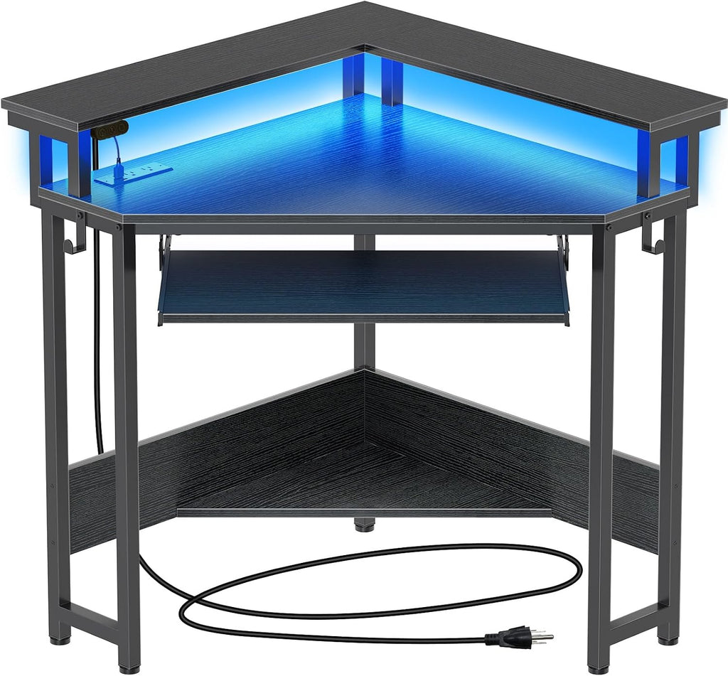 Rolanstar Corner Desk,44' W x 34' H Small Computer Desk with Power Outlets, Gaming Desk with LED Lights, Triangle Corner Table with Keyboard Tray & Monitor Stand for Small Space, Black