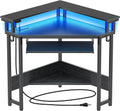 Rolanstar Corner Desk,44' W x 34' H Small Computer Desk with Power Outlets, Gaming Desk with LED Lights, Triangle Corner Table with Keyboard Tray & Monitor Stand for Small Space, Black
