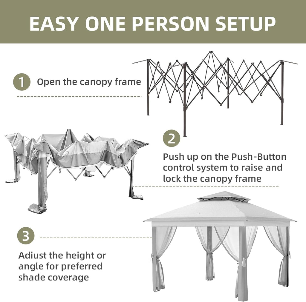 Garvee 11x11 ft Outdoor Gazebo, Heavy Duty Gazebo with Sturdy Metal Frame & Double Roofs, Patio Shelter with Mosquito Netting, Ideal for Backyard, Garden, Lawn, Deck, Light Grey