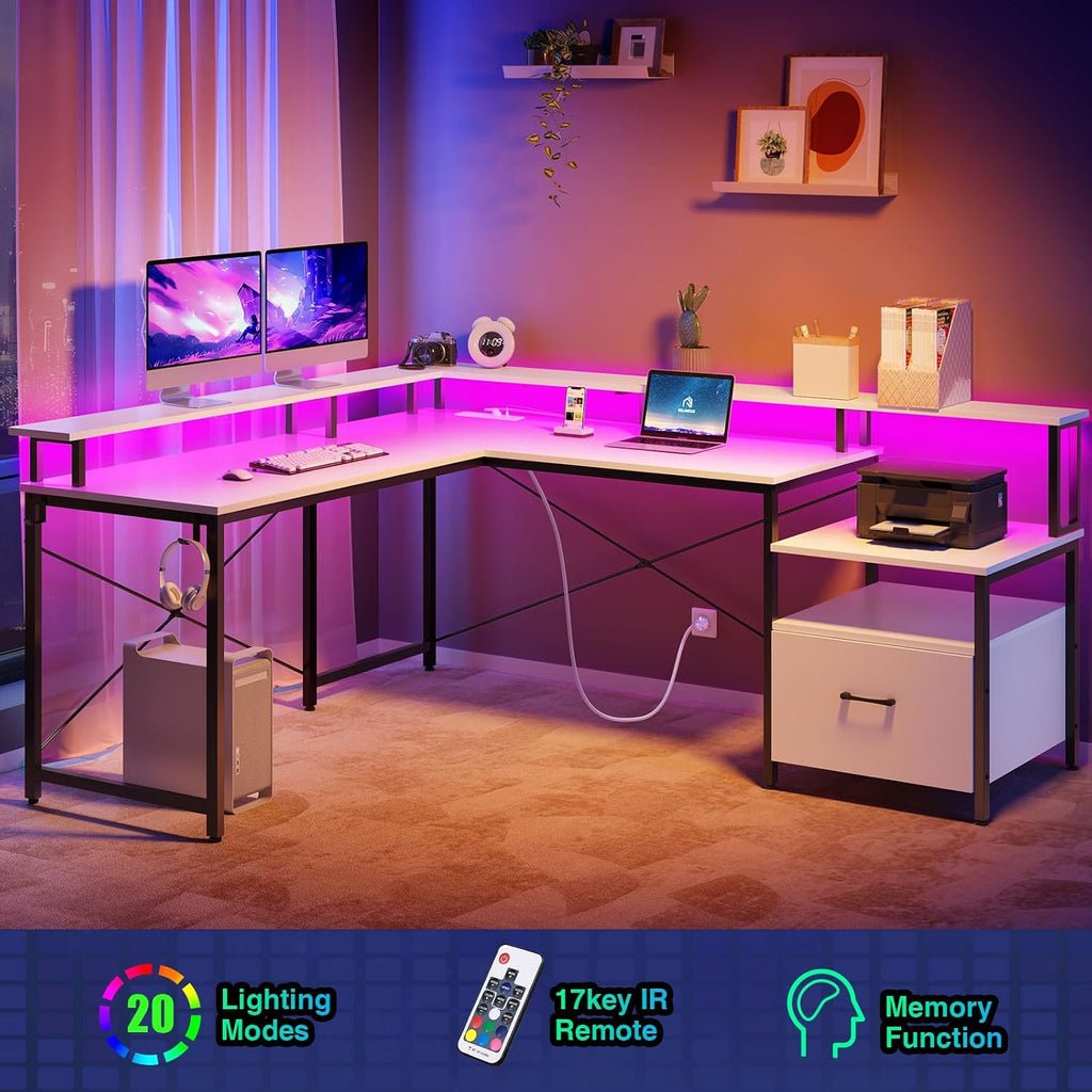 Rolanstar Computer Desk with File Drawer, 64' L Shaped Desk with Power Outlet & LED Strip, L Shaped Computer Corner Desk with File Cabinet, Gaming Desk with Monitor Shelf, Home Office Desk, White