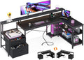 ODK 75' L Shaped Desk with File Drawers, Work from Home Office Desk with Power Outlet, Reversible Computer Desk with Storage Shelves, Gaming Desk with Monitor Shelf, Corner WFM Table, Black