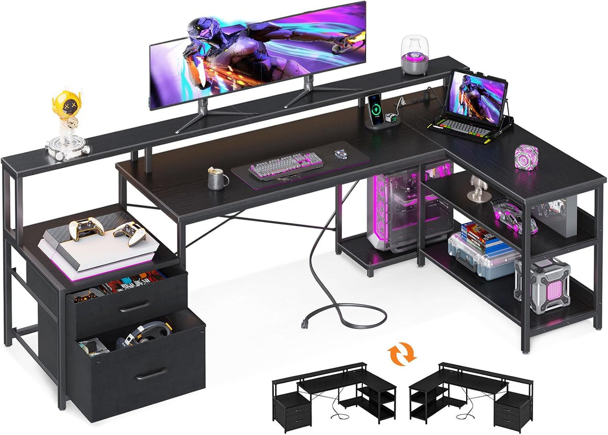 ODK 75' L Shaped Desk with File Drawers, Work from Home Office Desk with Power Outlet, Reversible Computer Desk with Storage Shelves, Gaming Desk with Monitor Shelf, Corner WFM Table, Black