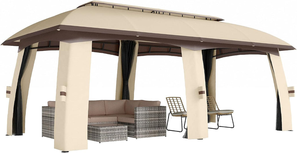 Outsunny 10' x 20' Patio Gazebo, Outdoor Gazebo Canopy Shelter with Netting, Vented Roof, Steel Frame for Garden, Lawn, Backyard, and Deck, Beige