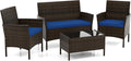 DORTALA Wicker Patio Furniture Set 4 Piece, Outdoor PE Rattan Table & Chairs Set with Tempered Glass Coffee Table, Loveseat, Cushions, Conversation Set for Balcony, Porch, Backyard, Deck, Navy
