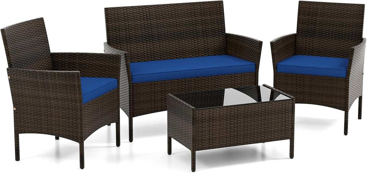 DORTALA Wicker Patio Furniture Set 4 Piece, Outdoor PE Rattan Table & Chairs Set with Tempered Glass Coffee Table, Loveseat, Cushions, Conversation Set for Balcony, Porch, Backyard, Deck, Navy