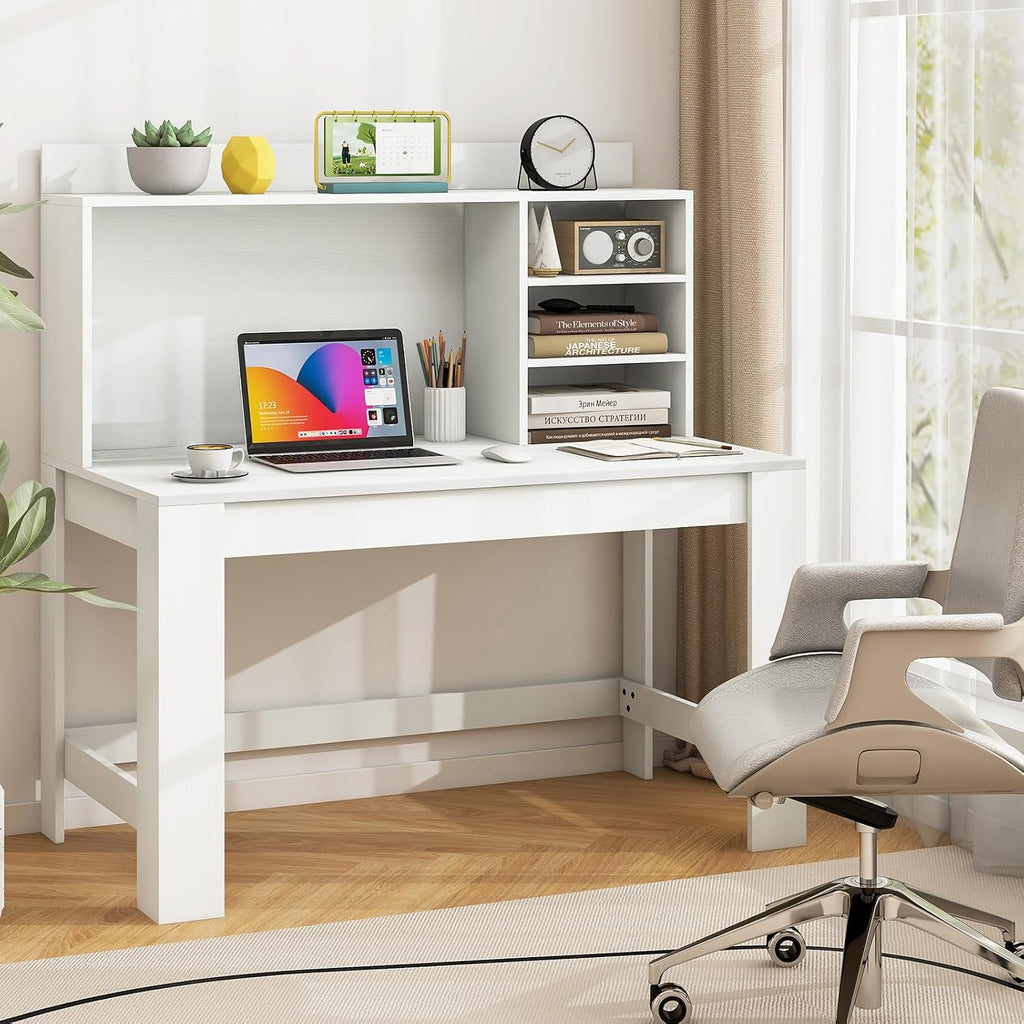 Tangkula 48' Computer Desk with Hutch, Home Office Writing Study Desk with Storage Shelves, Cable Management Hole, Laptop Desk, Desk for Bedroom, Computer Workstation (White)