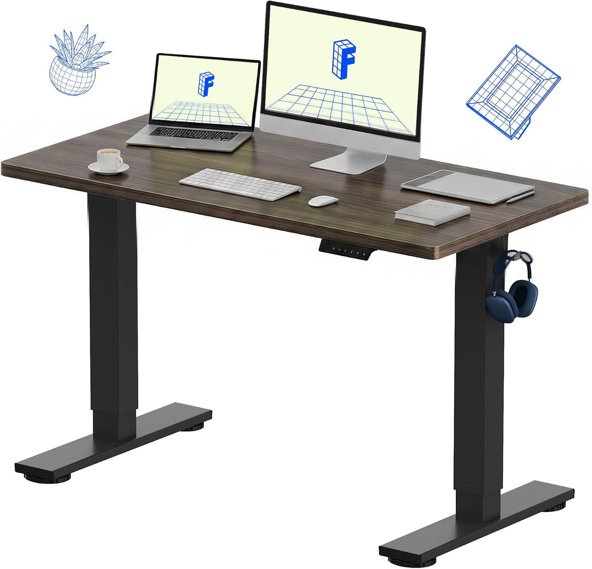 FLEXISPOT EN1 One-Piece Standing Desk, Electric Adjustable with 4 Memory Presets, 176 LBS Capacity, Stable & Quiet, Seamless Desktop for Home Office & Dual Monitors, 48'x24' Black Walnut
