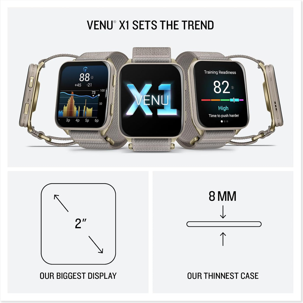 Garmin® Venu® X1, Thin and Lightweight GPS Smartwatch, AMOLED Display, Advanced Health and Fitness Features, Soft Gold with Titanium Caseback and French Gray ComfortFit Nylon Band