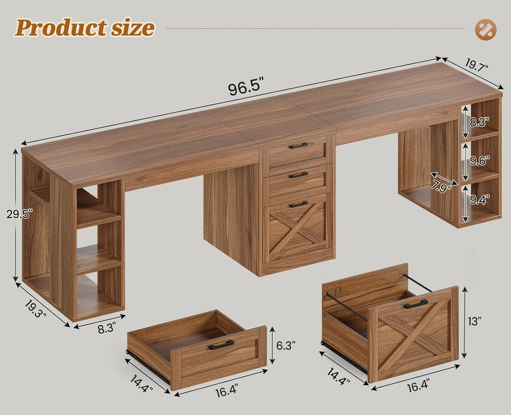 SEDETA Farmhouse 96.5' Computer Desk with Drawers, 2 Person Home Office Desk, Gaming Double Desk with Storage Shelves, Long Two Person Writing Desk, Brown