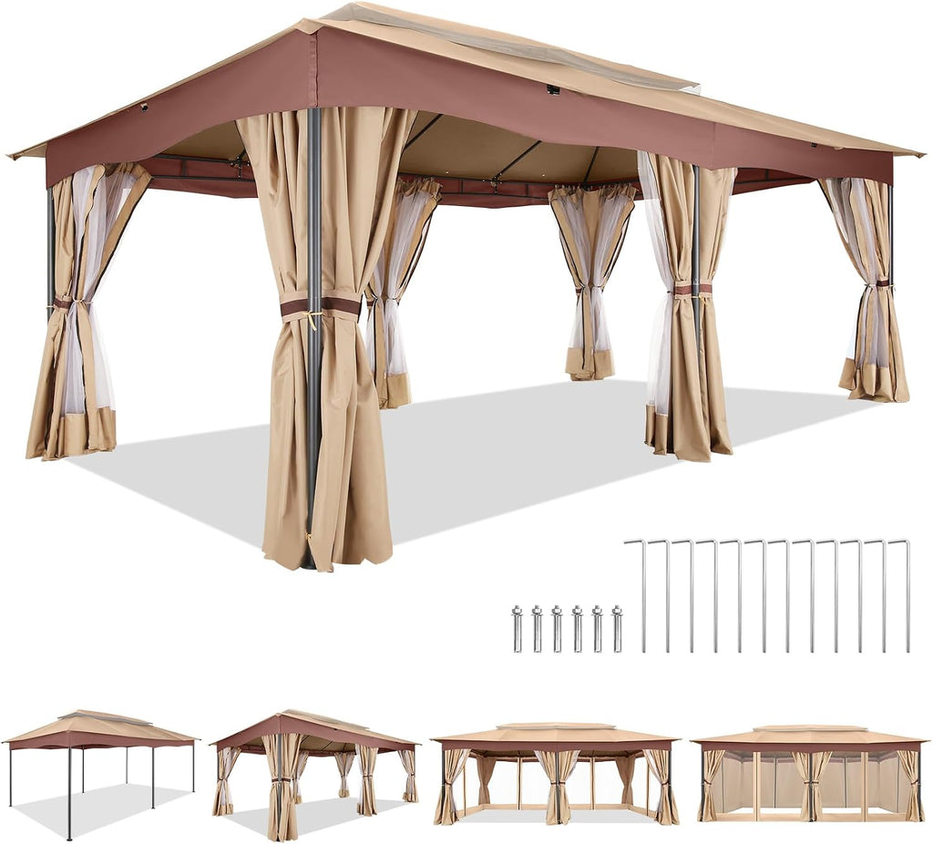 COBIZI 12x20 Outdoor Patio Gazebo, Double Roof Soft Top Canopy with Privacy Curtains and Mosquito Netting, Heavy Duty Steel Frame Shade Shelter for Backyard, Garden, Deck, Poolside - Khaki