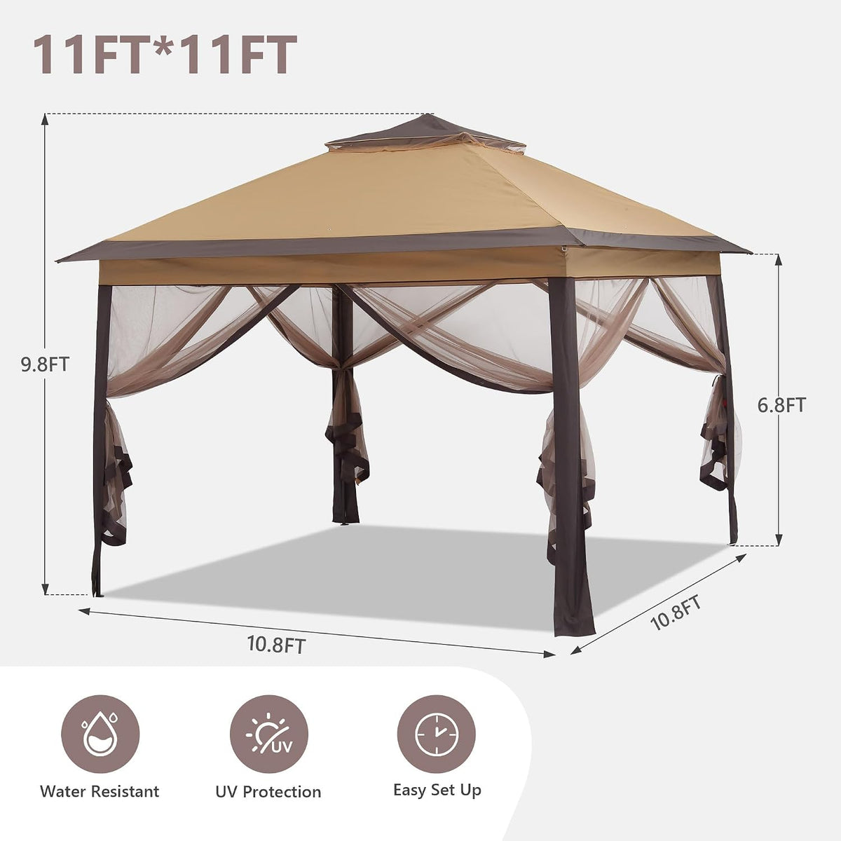 GDY 11x11 Pop Up Canopy Tent, Outdoor Canopy with Netting, Outdoor Gazebo for Backyard, Tent with Handbag, Brown.