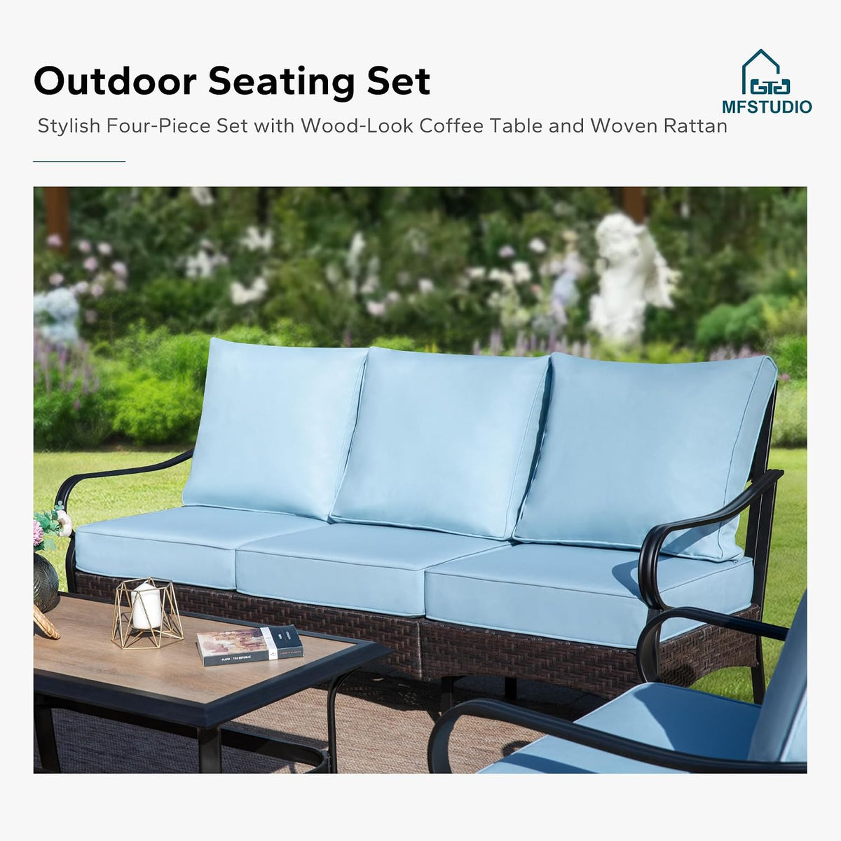 MFSTUDIO Outdoor Patio Furniture Set, Metal Outdoor Conversation Sofa, Rattan Wicker Patio Sectional Sofa Set for Garden Backyard Lawn，Blue