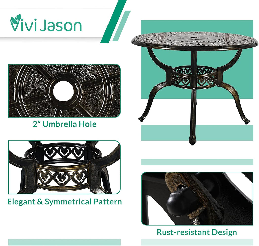 VIVIJASON 5-Piece Patio Furniture Dining Set, All-Weather Cast Aluminum Outdoor Conversation Set, Include 4 Cushioned Chairs and 1 Round Table w/Umbrella Hole for Balcony, Lawn, Garden, Backyard