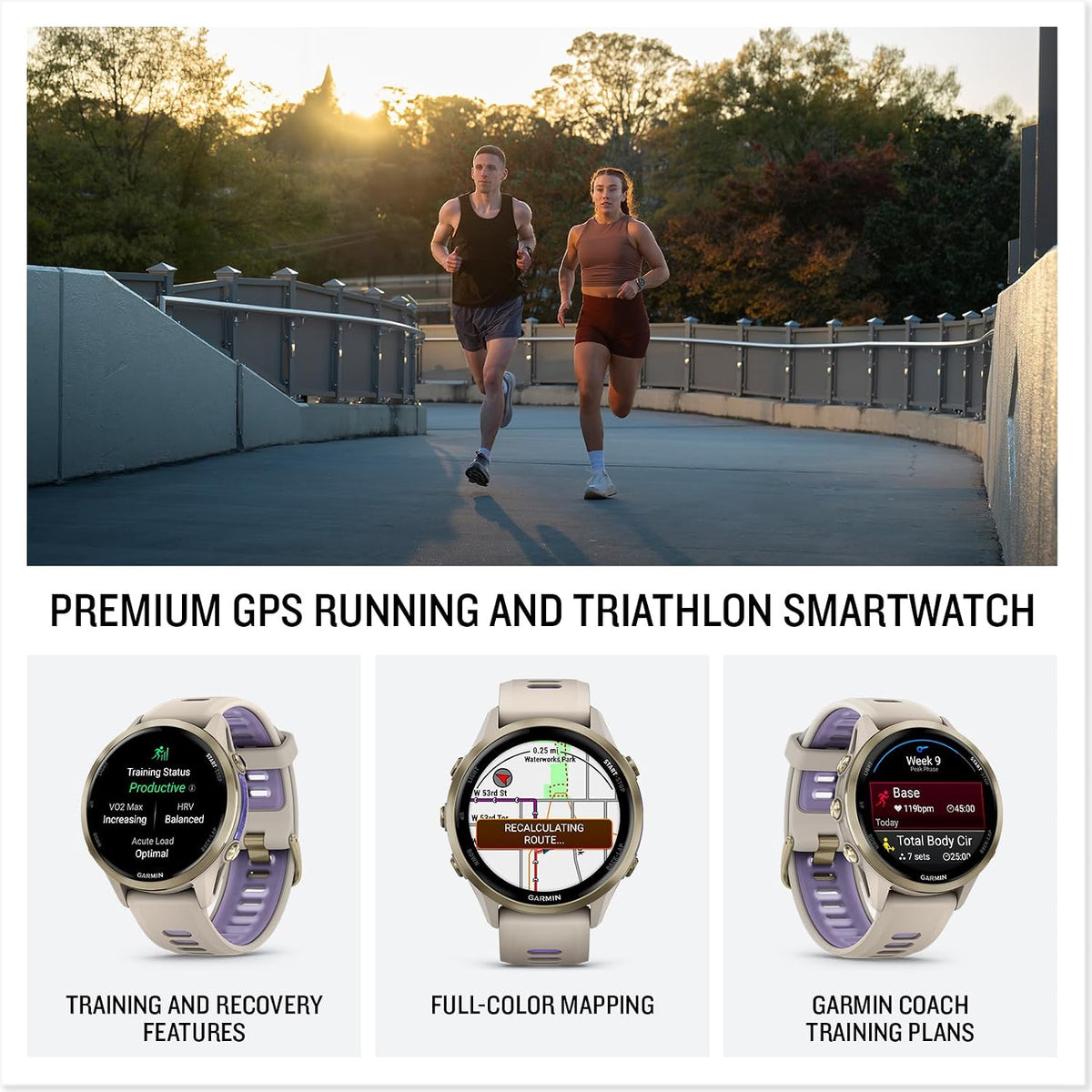 Garmin Forerunner 970 Running Smartwatch, GPS Fitness Smart Watch for Men and Women, Soft Gold Titanium with French Gray Case and French Gray/Translucent Indigo Band Bundle with P-Bank + More