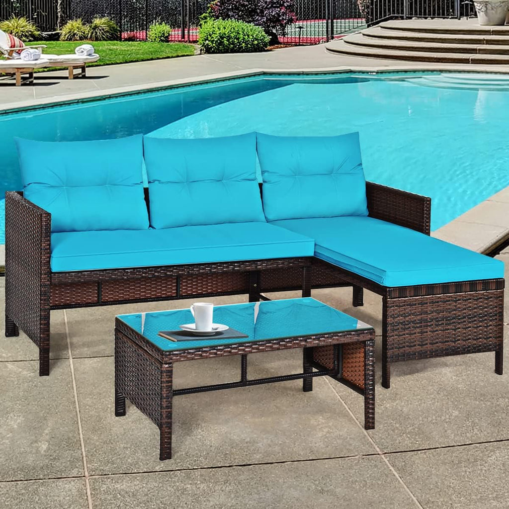 3 Pieces Rattan Sectional Sofa Set, Patio Wicker Rattan Conversation Set with Chaise Lounge, Love Seat & Coffee Table, Patio Furniture Set for Garden, Lawn, Poolside (Turquoise)