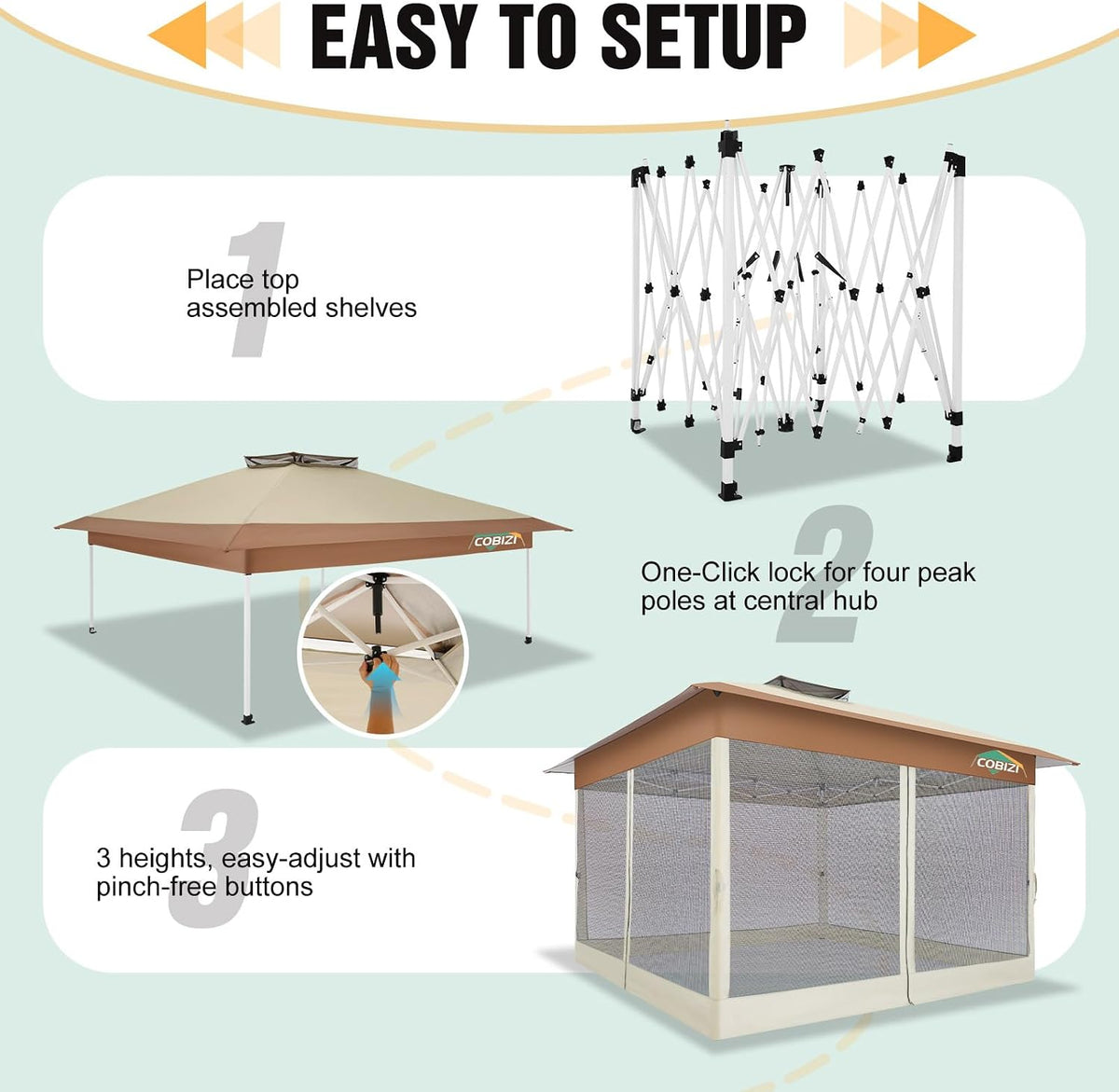 COBIZI 13x13 Pop Up Canopy Tent-Gazebos On Clearance Upgrade Metal Outdoor Canopy Waterproof - Portable Gazebo with Mosquito Nettings, 4 Ropes 8 Stakes and Carry Bag for Patio Garden(Khaki)