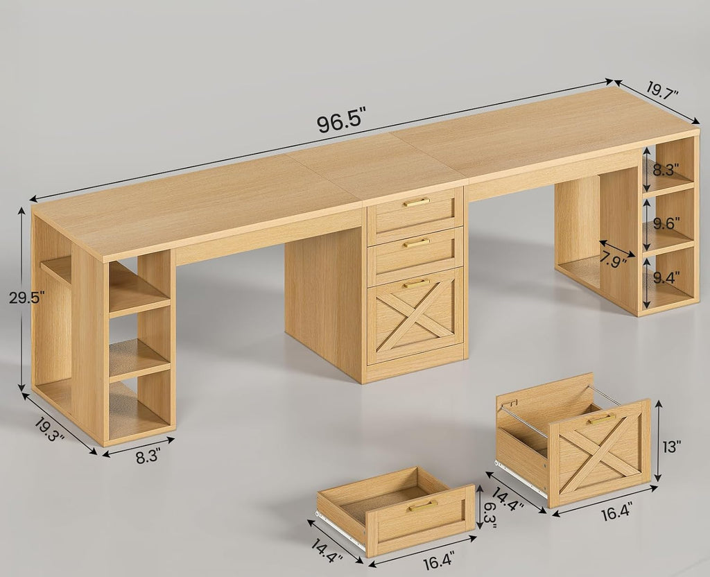 SEDETA Farmhouse 96.5' Computer Desk with Drawers, 2 Person Home Office Desk, Gaming Double Desk with Storage Shelves, Long Two Person Writing Desk, Oak